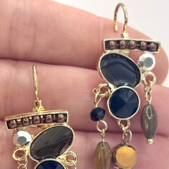 Elegant Black Copper Brown Faceted Beads Beaded Tassels Dangle Earrings New - Picture 3 of 5